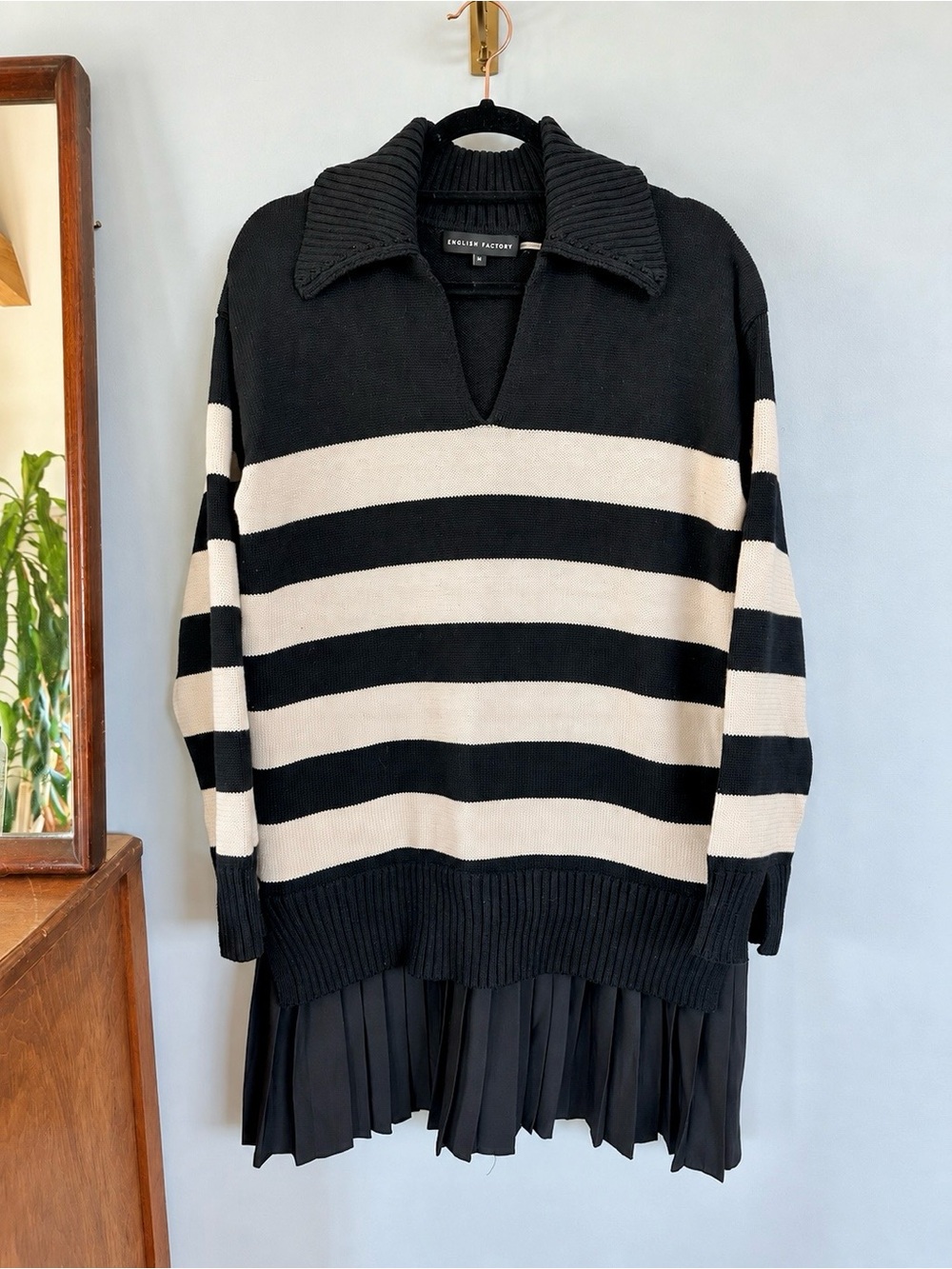 English Factory Mixed Media Stripe Pleated Mini Dress Black Cream Size M